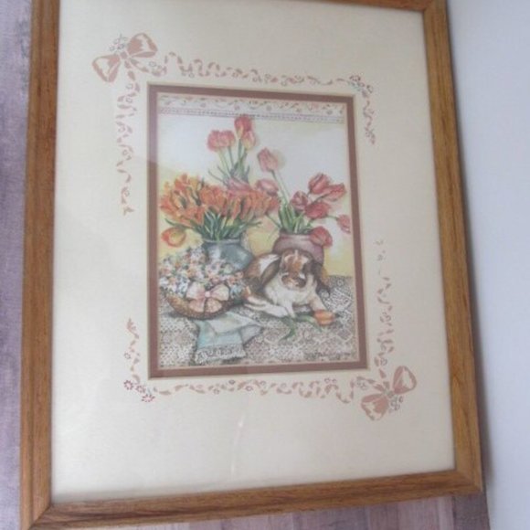 Floppy Ear Bunny Framed Watercolor Painting Framed Oak Easter Bunny Rabbit Decor - Picture 1 of 5